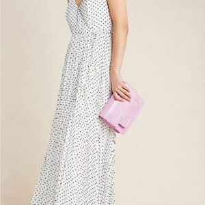 Anthropologie Marilyn pleated White Maxi true wrap Dress with Black Polka Dots